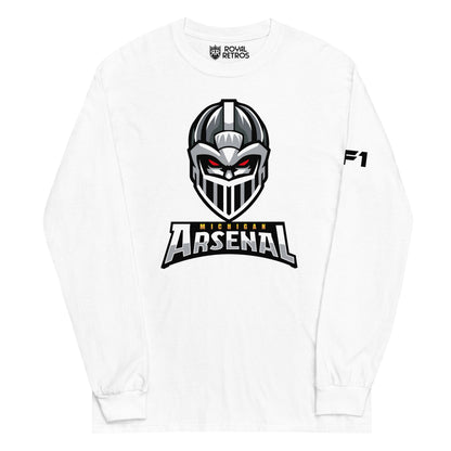 Michigan Arsenal crewneck sweatshirt. White. Knights helmet facing viewer. Michigan small in yellow above Arsenal in silver below. Royal Retros