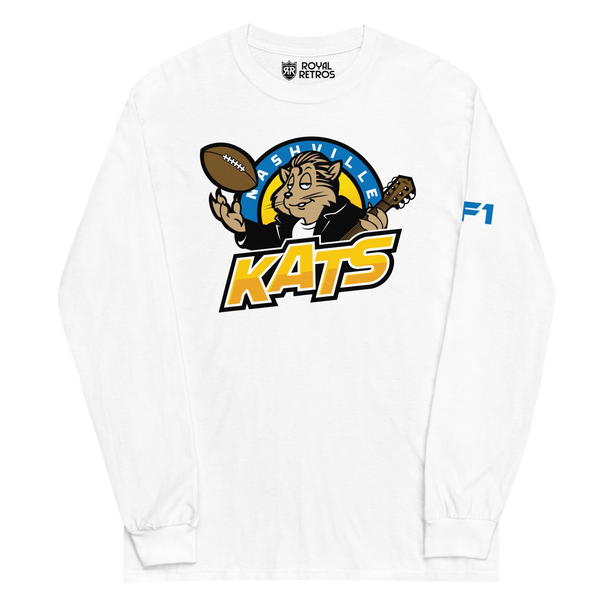 Nashville Kats long sleeve T-shirt. White. Nashville in white in blue half circle. Cartoon Kat in leather jacket tossing up football in right hand, guitar neck in other over KATS in yellow with shadow trim. Royal Retros