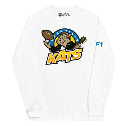 Nashville Kats long sleeve T-shirt. White. Nashville in white in blue half circle. Cartoon Kat in leather jacket tossing up football in right hand, guitar neck in other over KATS in yellow with shadow trim. Royal Retros