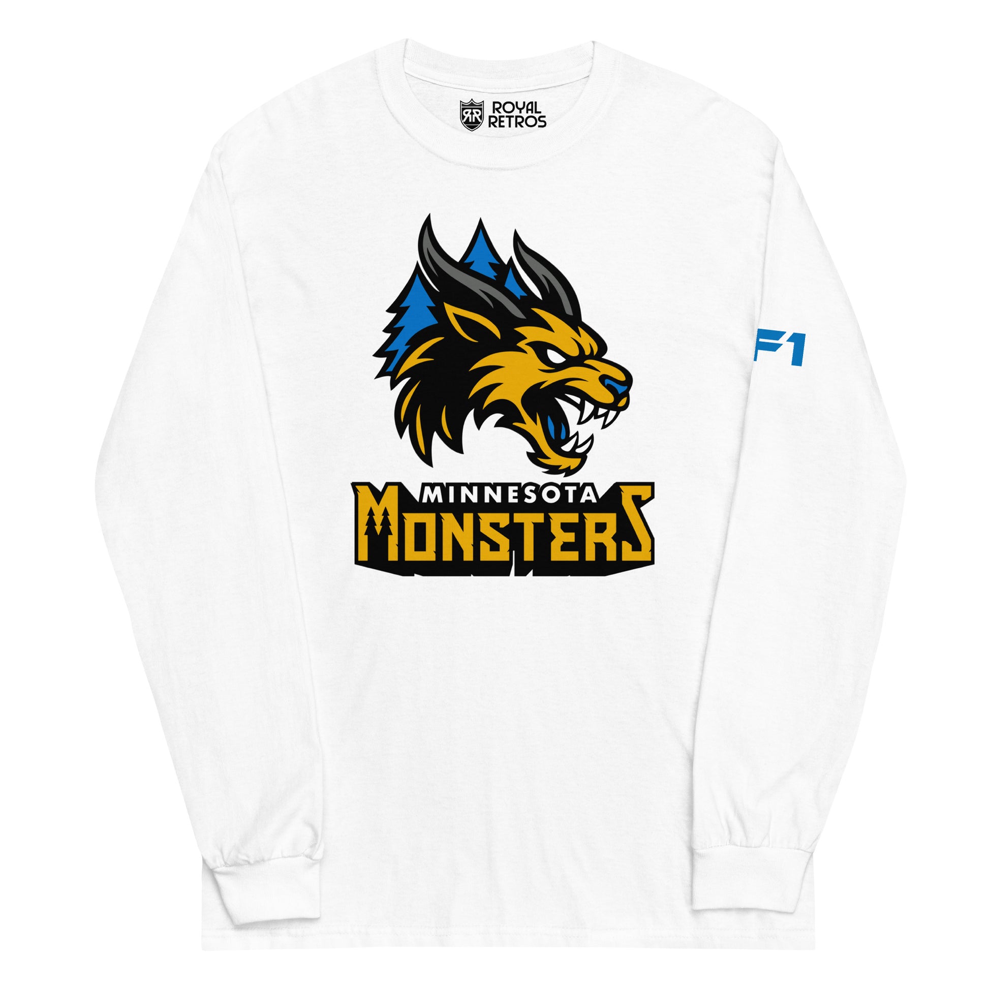 Minnesota Monsters long sleeve T-shirt. White. Minnesota Monsters AF1 arena football. Gold, black, and gray monster head over blue pine trees. Minnesota small in white below, Monsters below larger in gold. Royal Retros.