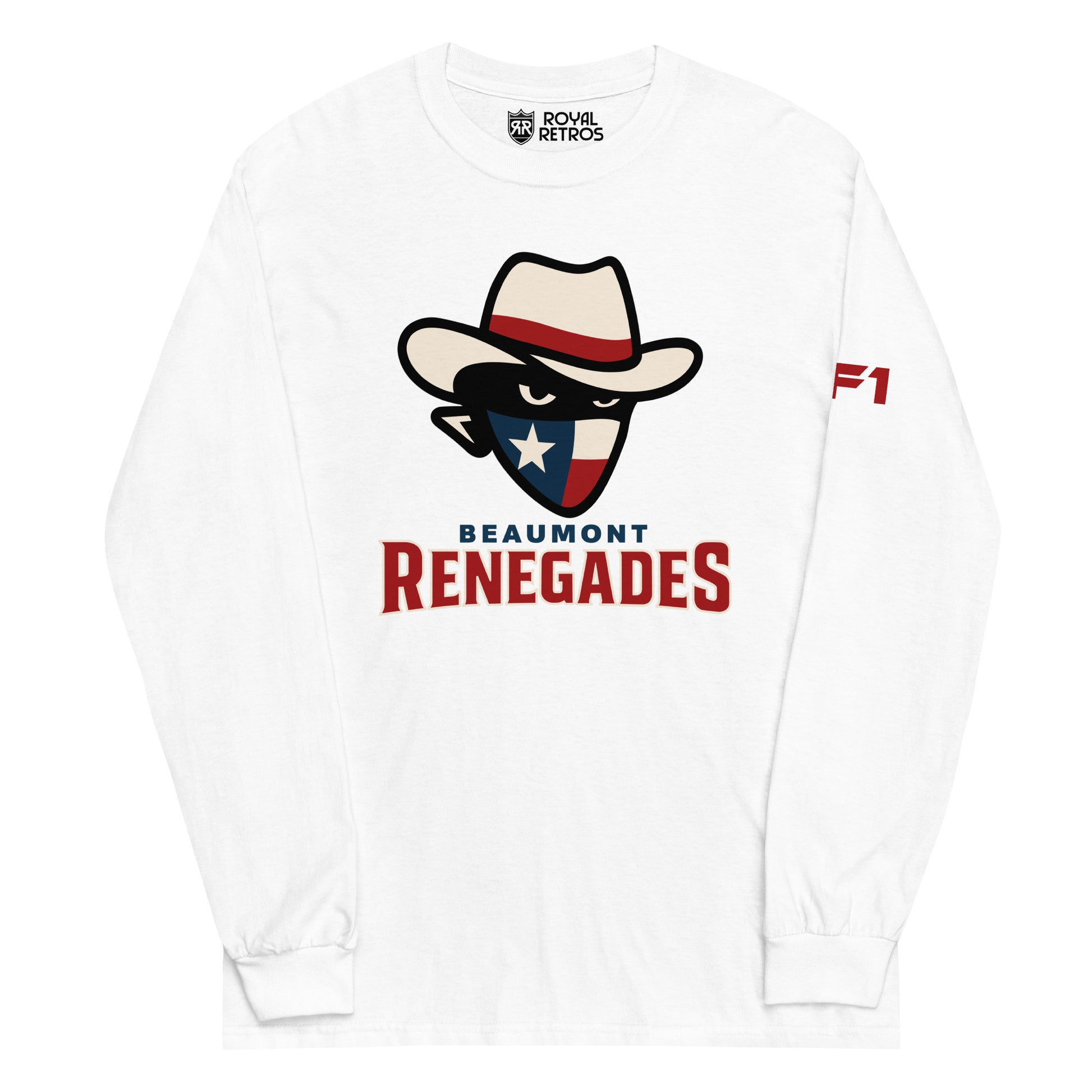 Beaumont Renegades crewneck sweatshirt. White. Bandit face with white cowboy hat with red band. Dark face with white eyes. Bandana of Texas flag, white star on blue field on left, white and red band on right. Beaumont on white below small above Renegades large in red with white outline. Royal Retros.