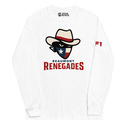 Beaumont Renegades crewneck sweatshirt. White. Bandit face with white cowboy hat with red band. Dark face with white eyes. Bandana of Texas flag, white star on blue field on left, white and red band on right. Beaumont on white below small above Renegades large in red with white outline. Royal Retros.