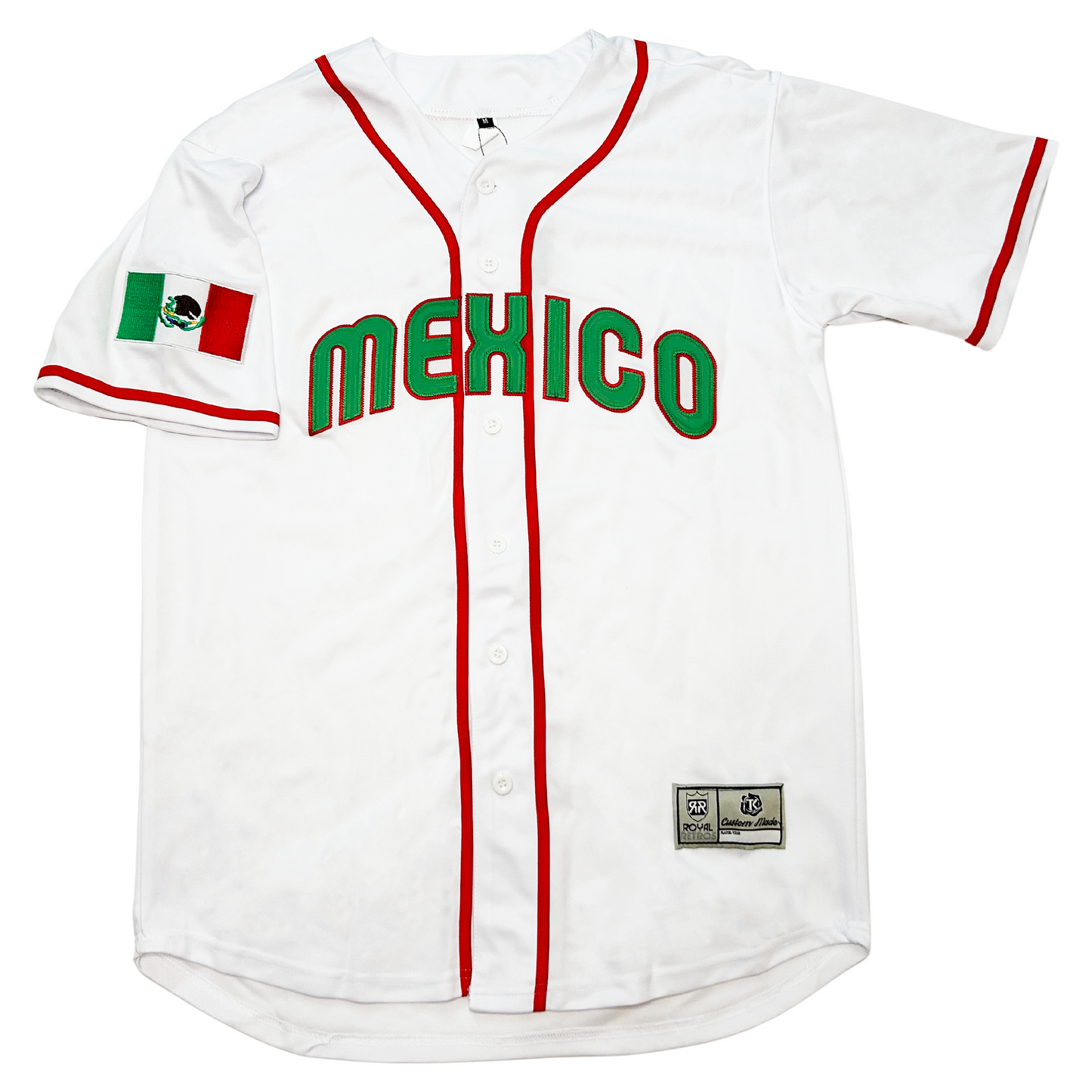 Mexico Baseball button-up jersey white.  Mexico in green lettering with red trim arched across chest.   Mexican flag on right sleeve. Red ring just above sleeve ends, around neck and down front. Royal Retros