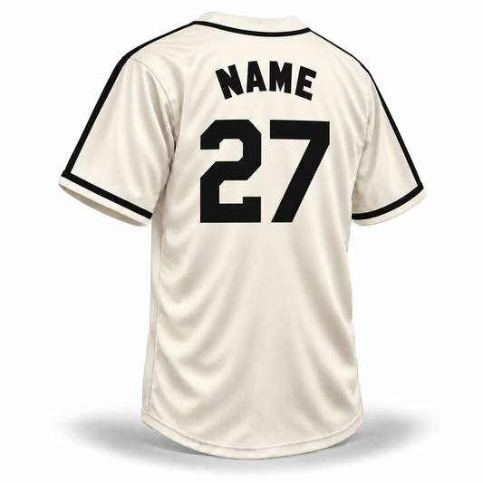 Miami Giants NLB jersey cream back mockup with solid black block NAME and angular number 27 without outlines and matching black sleeve and neck trim