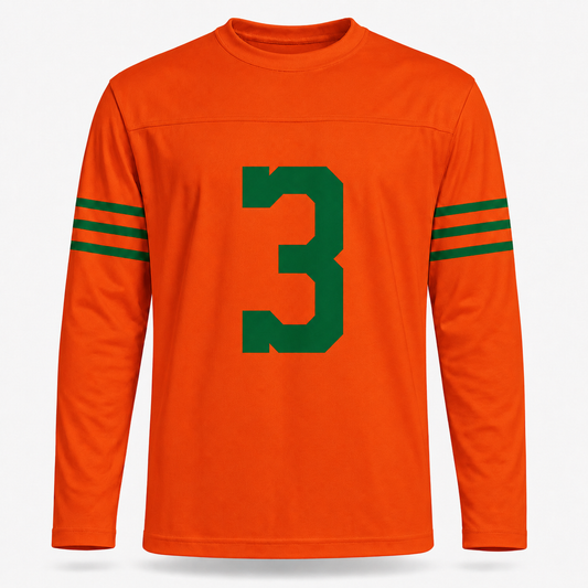 Miami Seahawks AAFC Jersey. Orange long sleeve. Three green stripes on each forearm. Green #3 large on the chest.