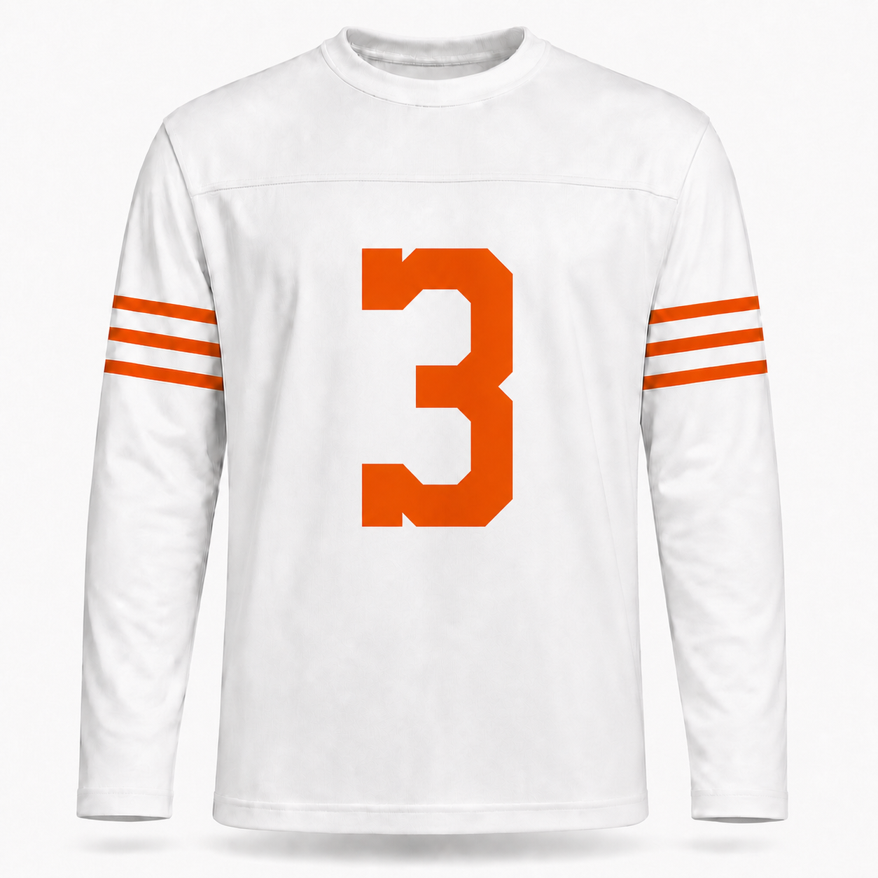 Miami Seahawks AAFC Jersey. White long sleeve. Three orange stripes on each forearm. Orange #3 large on the chest.