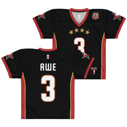 2025 CFLPA All-Star Replica Jersey. Black. Fronts and Back. Red collar and sleeve ends. Four gold stars over large white name over large white numerals with red trim. Gold, red, and gold stripes up sides. Royal Retro