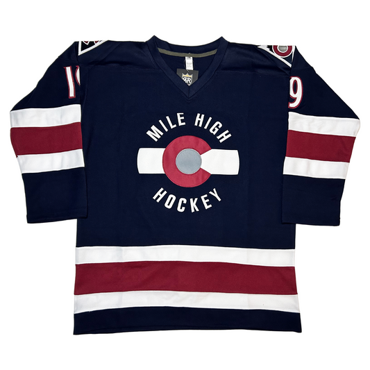 Mile High Hockey Jersey. Colorado Rockies. Navy. MILE HIGH in white arched over large red C with silver circle inside and white bars on either side. HOCKEY in white arched below. White, red, and white bands mid-sleeve and above waist. #19 in white with red trim on shoulders. Royal Rteros,