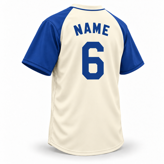 Milwaukee Bears NLB Jersey — Blue/Cream back mockup, block NAME and number 6. Royal Retros.