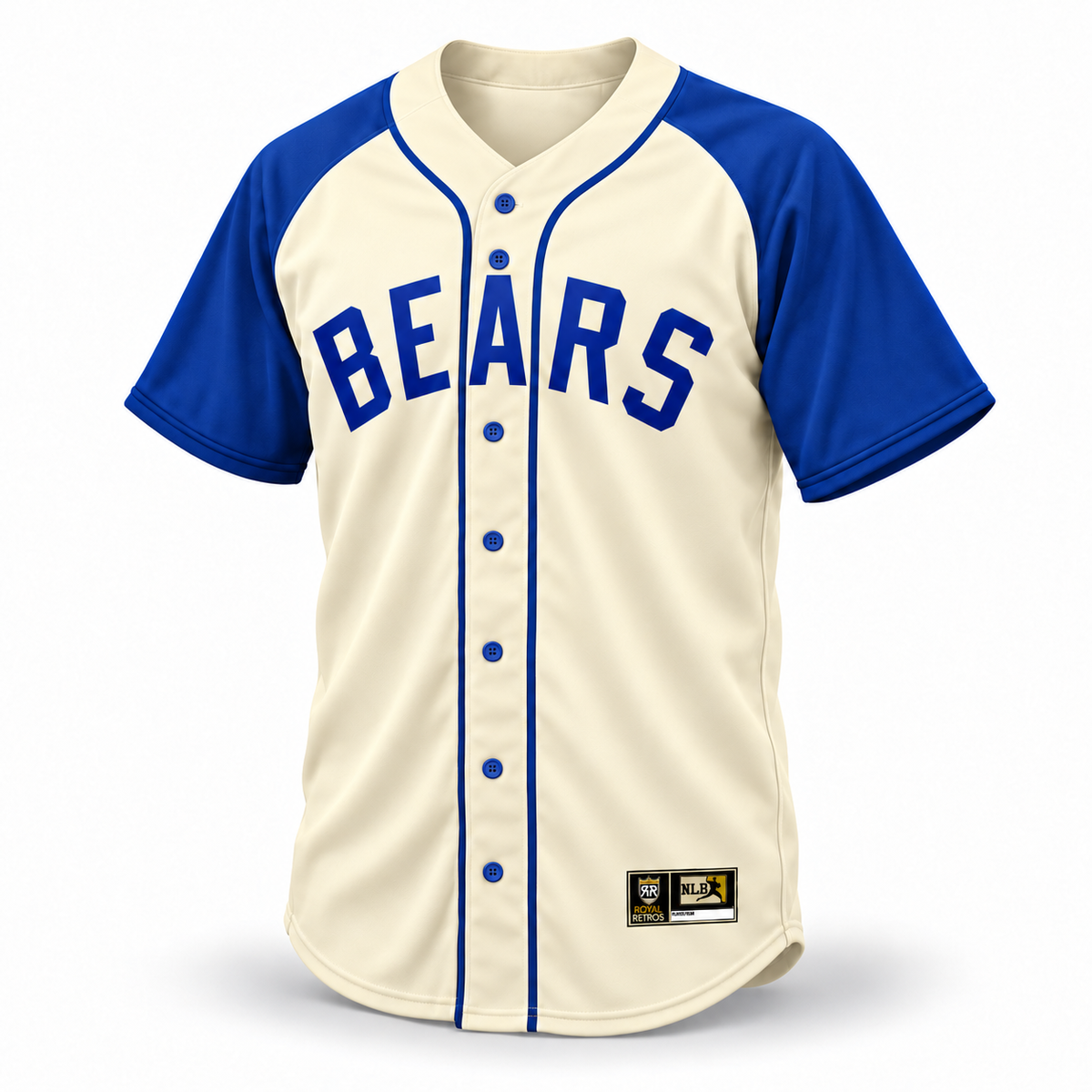 Milwaukee Bears NLB Jersey — Blue/Cream front mockup, blue BEARS lettering, sleeves and buttons. Royal Retros.