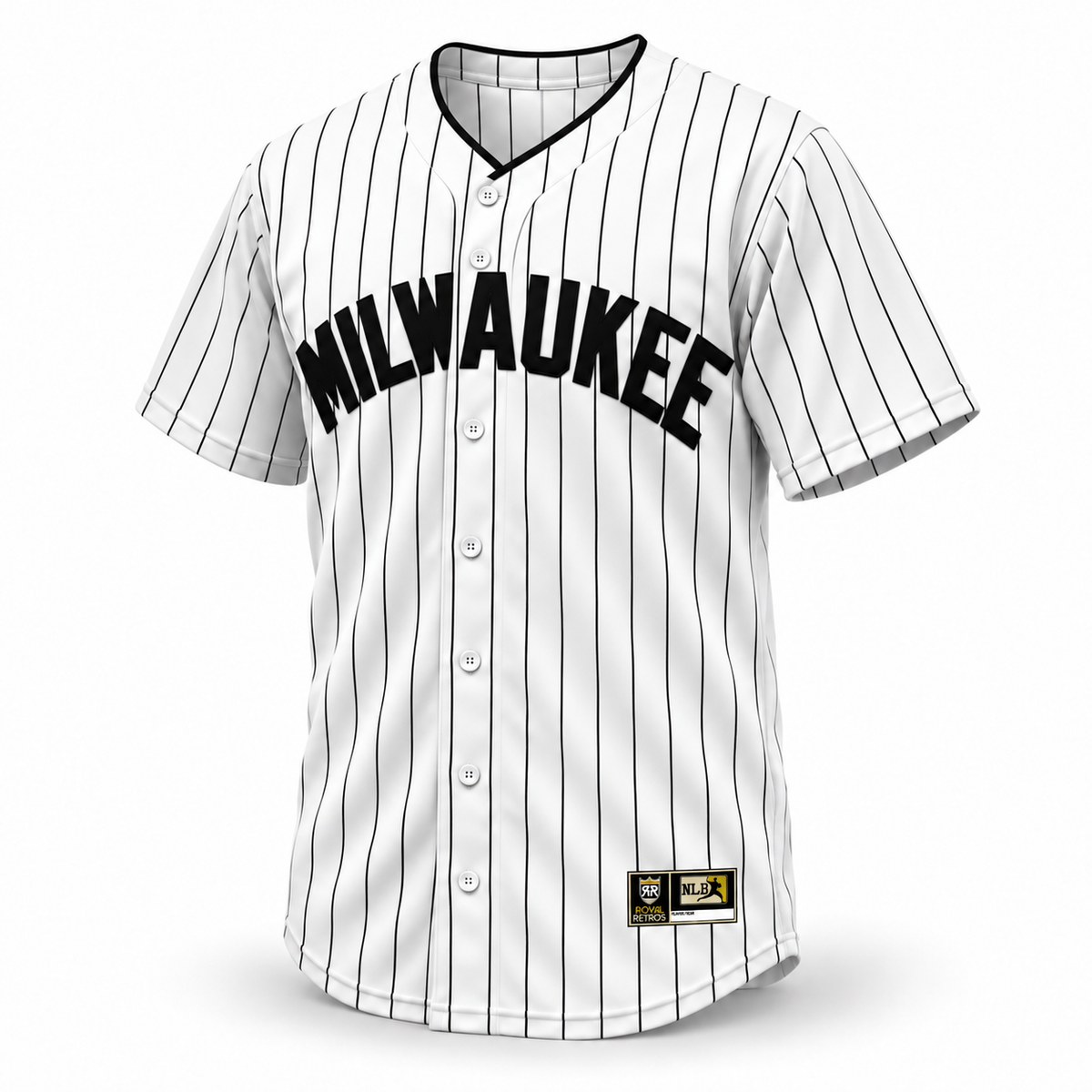 Milwaukee Bears NLB Jersey — White front mockup, black MILWAUKEE lettering and black pinstripes. Royal Retros.