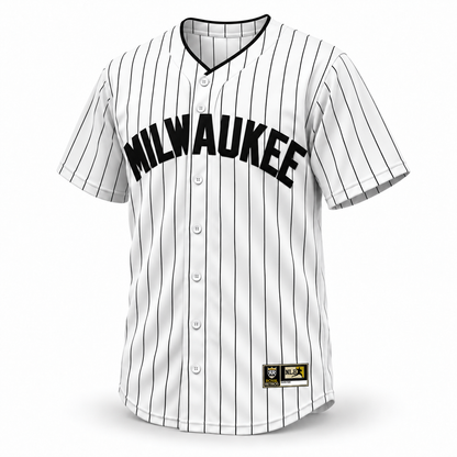 Milwaukee Bears NLB Jersey — White front mockup, black MILWAUKEE lettering and black pinstripes. Royal Retros.