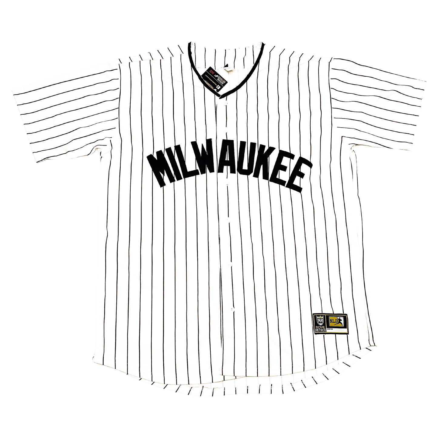 milwaukee bears negro leagues button-up baseball jersey brewers.  White with black collar. Black pinstripes. MILWAUKEE in think block letters in navy arched across chest. Royal Retros