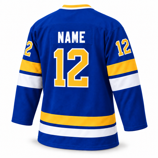 Minnesota Fighting Saints custom hockey jersey, blue, back view with NAME and number 12
