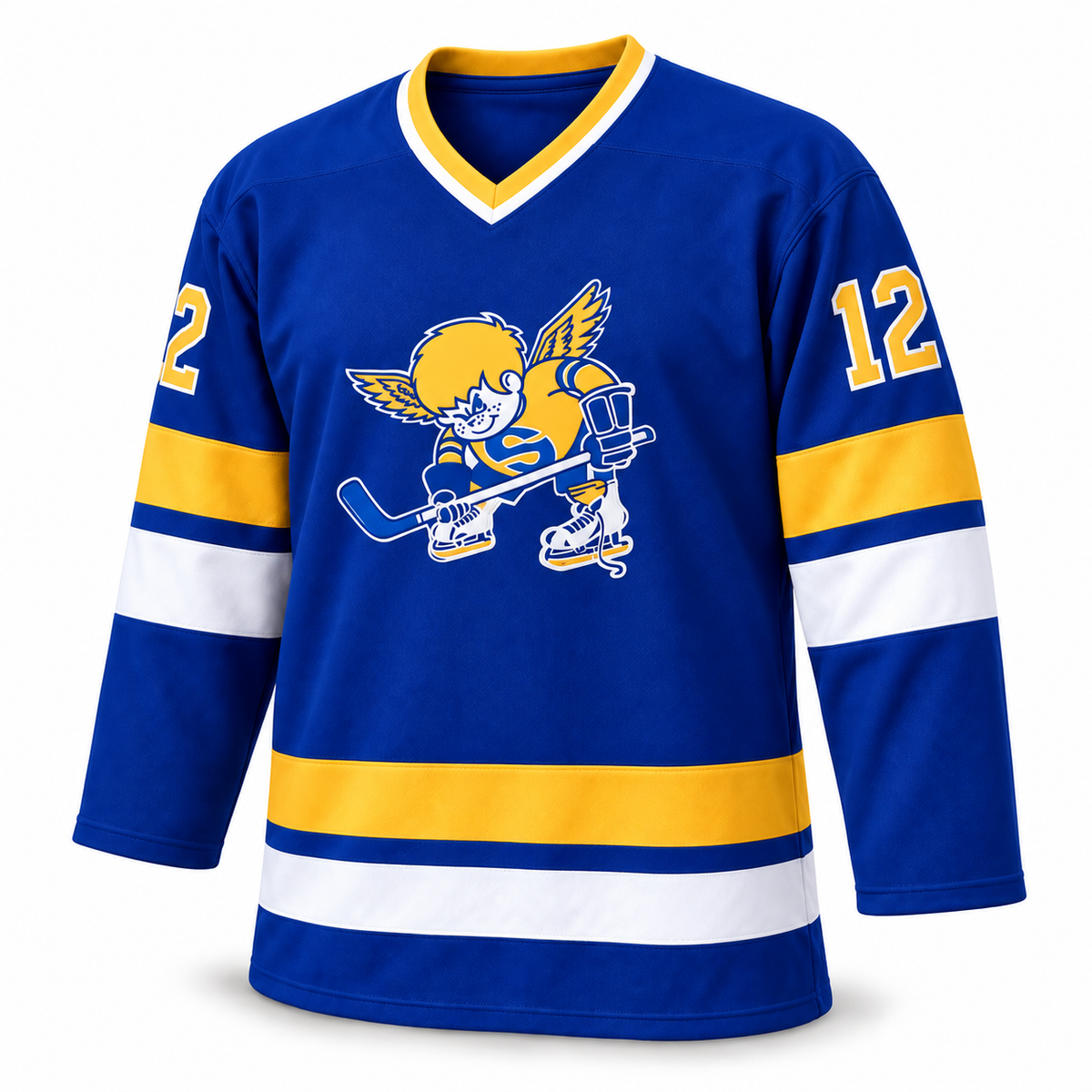 Minnesota Fighting Saints custom hockey jersey, blue, front view