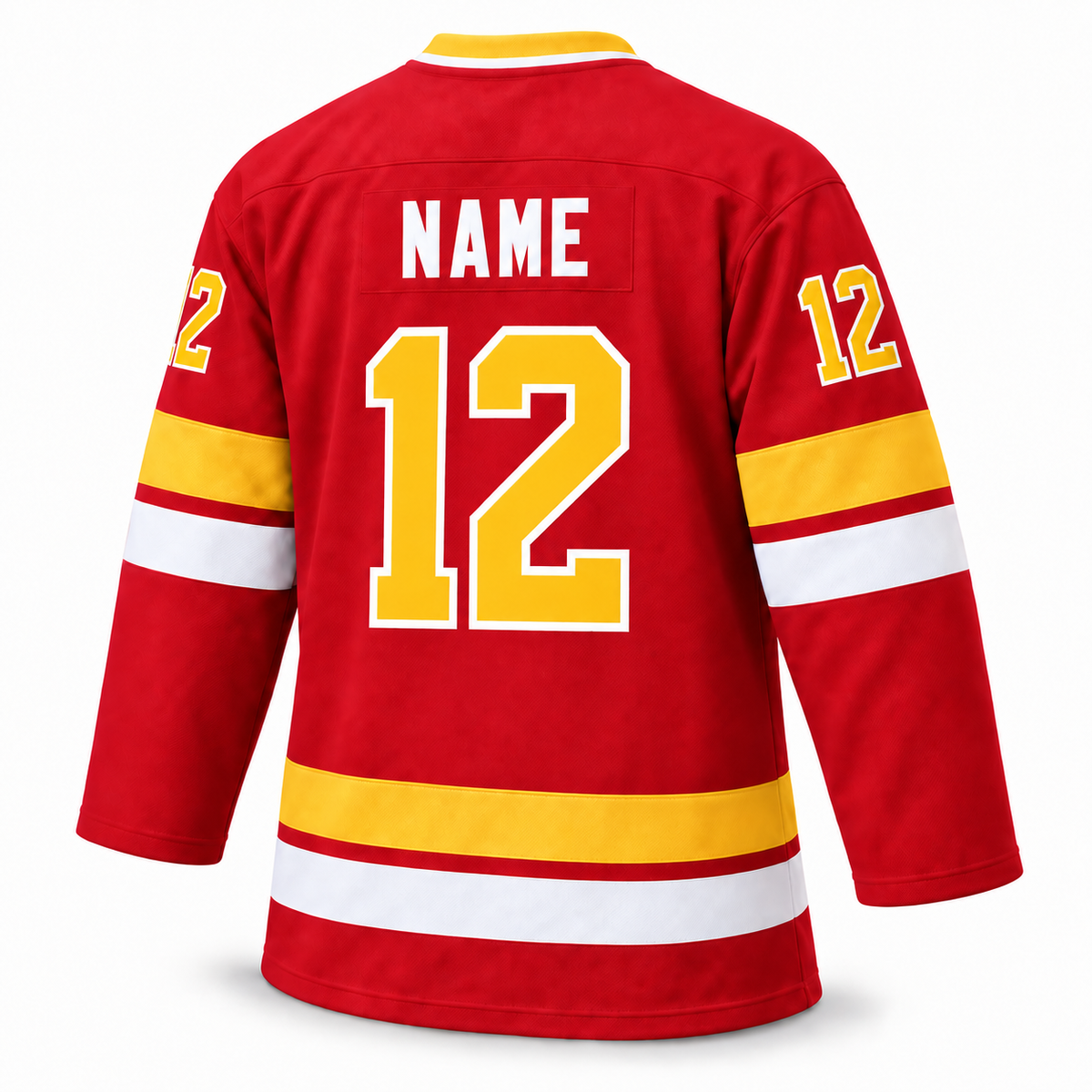 Minnesota Fighting Saints custom hockey jersey, red, back view with NAME and yellow number 12