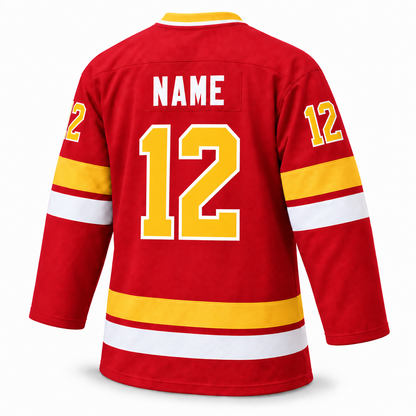 Minnesota Fighting Saints custom hockey jersey, red, back view with NAME and yellow number 12