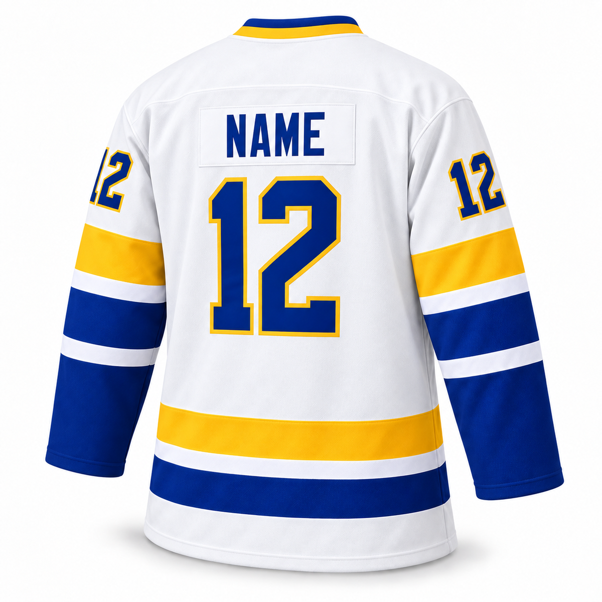 Minnesota Fighting Saints custom hockey jersey, white and blue, back view with NAME and number 12