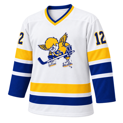 Minnesota Fighting Saints custom hockey jersey, white and blue, front view