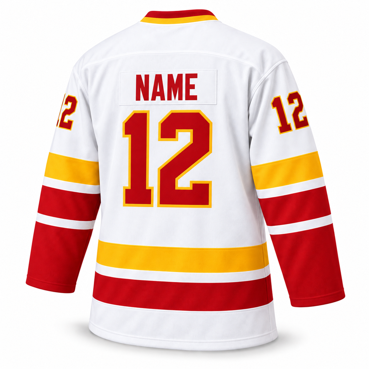 Minnesota Fighting Saints custom hockey jersey, white and red, back view with NAME and number 12