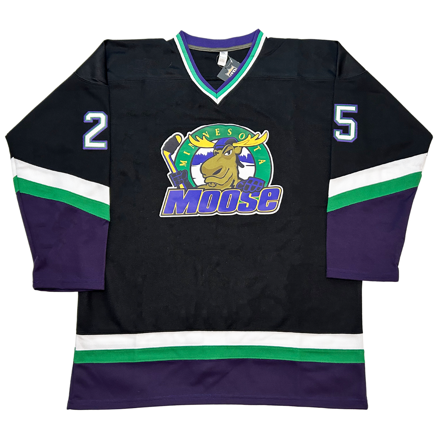 Minnesota Moose Jersey. Navy. White and green bands at an angle mid-sleeve with purple bottom half of sleeves and above waist. #25 white with purple trim on sleeves. Purple, green, and white collar. Moose logo of moose holding hockey stick over green circle with yellow Minnesota and MOOSE in purple with yellow trim across and over bottom of circle. Royal Retros
