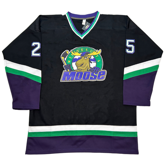 Minnesota Moose Jersey. Navy. White and green bands at an angle mid-sleeve with purple bottom half of sleeves and above waist. #25 white with purple trim on sleeves. Purple, green, and white collar. Moose logo of moose holding hockey stick over green circle with yellow Minnesota and MOOSE in purple with yellow trim across and over bottom of circle. Royal Retros
