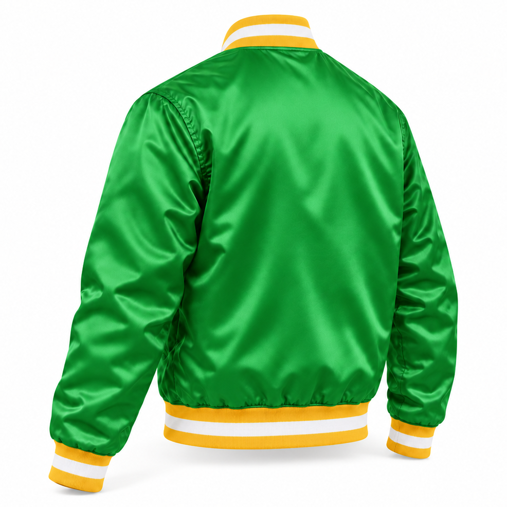 Minnesota North Stars Kelly green satin jacket, back three-quarter view. Blank back and sleeves, with yellow rib-knit collar, cuffs and waistband featuring one broad white stripe.
