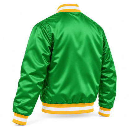 Minnesota North Stars Kelly green satin jacket, back three-quarter view. Blank back and sleeves, with yellow rib-knit collar, cuffs and waistband featuring one broad white stripe.