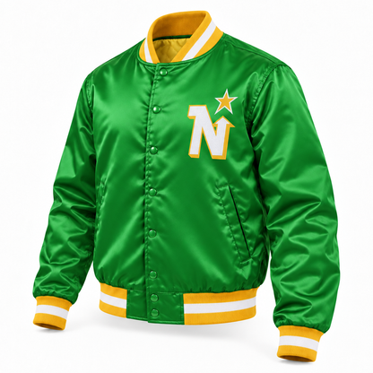 Minnesota North Stars Kelly green satin jacket, front three-quarter view. White N and gold star embroidery on the wearer's left chest, yellow ribbing with one white stripe, and yellow quilted lining.