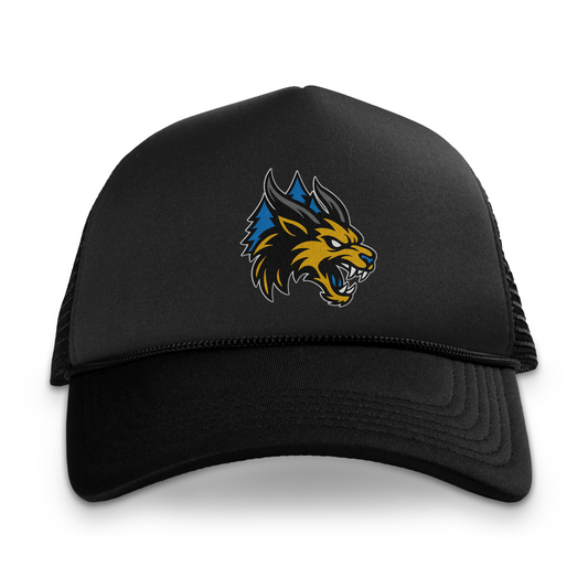 Minnesota Monsters cap. Black. Gold, black, and gray monster head over blue pine trees on front panel. Royal Retros.