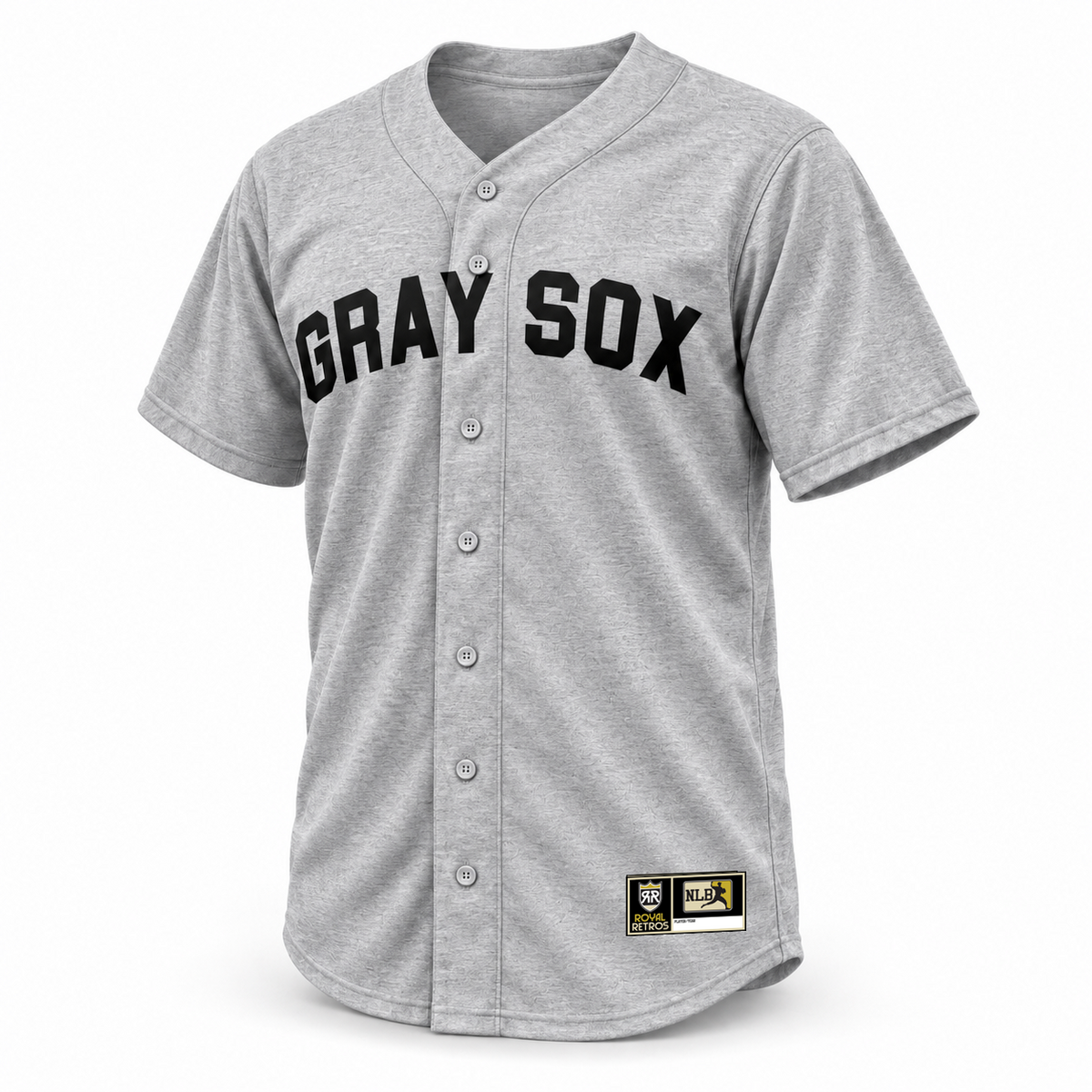 Montgomery Gray Sox NLB jersey gray front mockup with black block GRAY SOX lettering, tonal gray buttons and original Royal Retros NLB jock tag