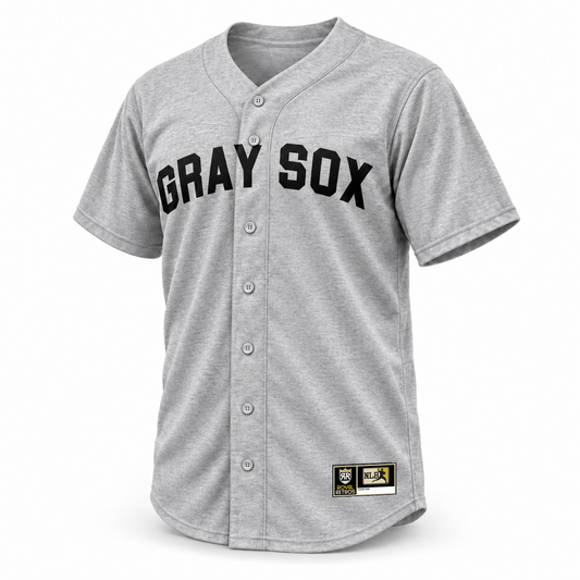 Montgomery Gray Sox NLB jersey gray front mockup with black block GRAY SOX lettering, tonal gray buttons and original Royal Retros NLB jock tag