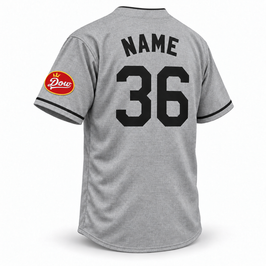Montreal Black Panthers NLB jersey, gray wool back with solid black block NAME and number 36, black trim on the top collar edge and Dow patch on the left sleeve.
