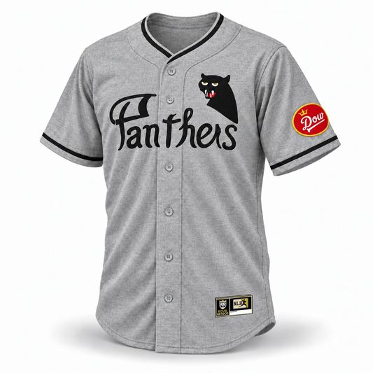 Montreal Black Panthers NLB jersey, gray wool front with black Panthers lettering and panther head, Dow patch on the left sleeve, black trim and original NLB jock tag.