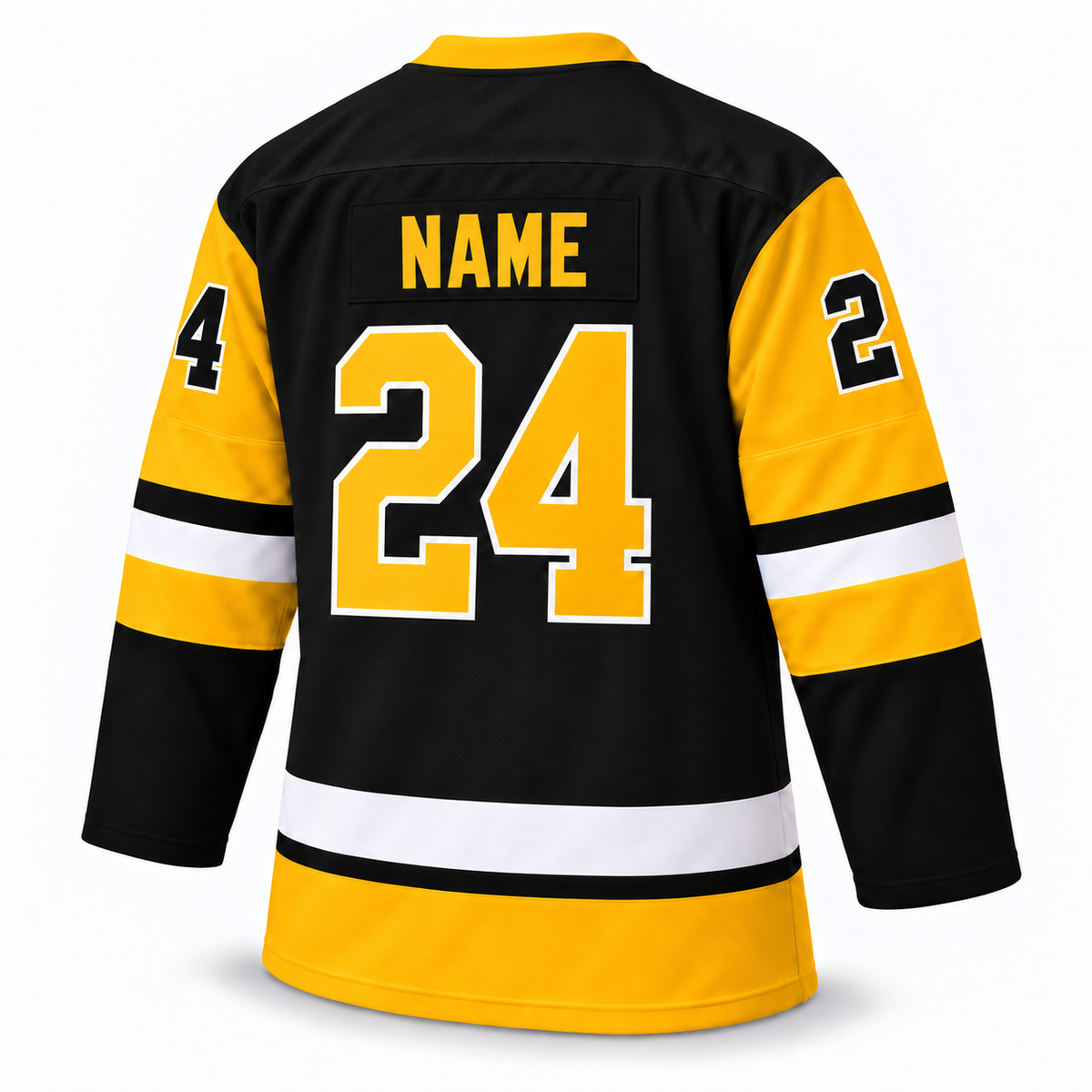 Muskegon IHL Lumberjacks black jersey back, NAME 24, corrected sleeve numbers
