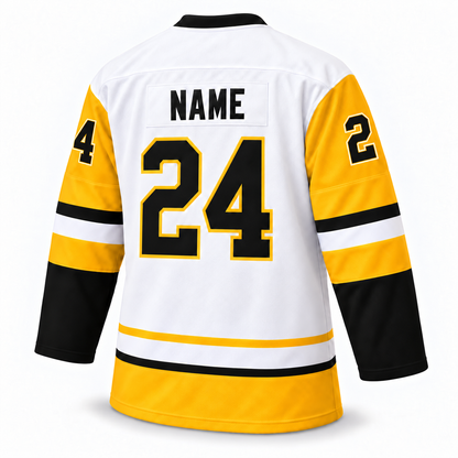 Muskegon IHL Lumberjacks white jersey back, NAME 24, corrected sleeve numbers