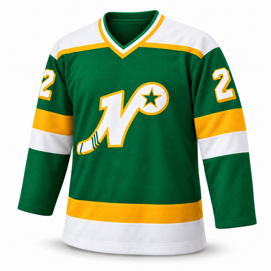 Nashville South Stars green jersey front, number 2 with gold outline and drop shadow