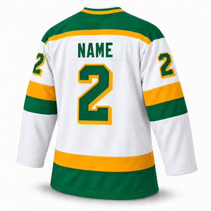 Nashville South Stars white jersey back, green NAME and number 2 with gold outline and drop shadow