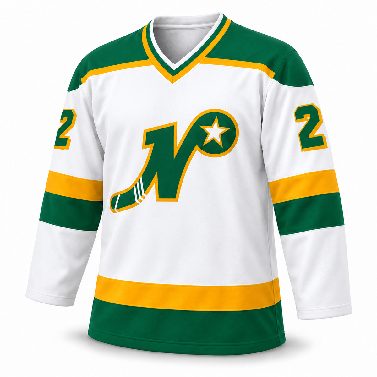 Nashville South Stars white jersey front, green sleeve numbers with gold outline and drop shadow