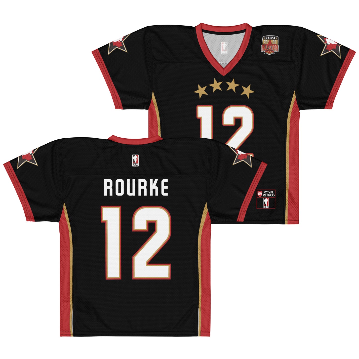 2025 CFLPA All-Star Replica Jersey. Black. Front and Back. Red collar and sleeve ends. Four gold stars over large white name over large white numerals with red trim. Gold, red, and gold stripes up sides. Royal Retro