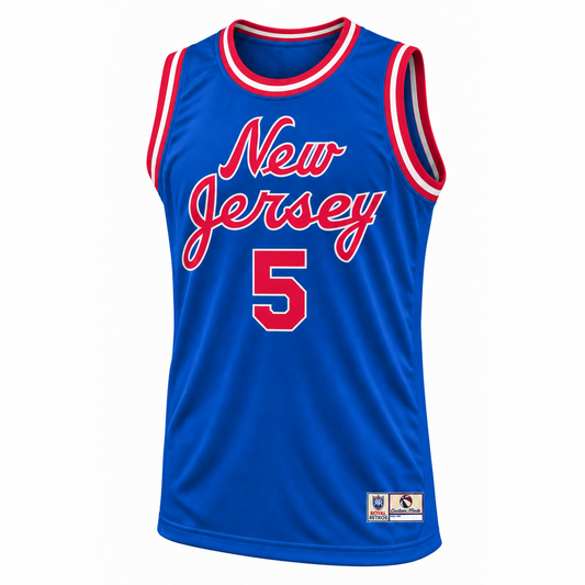 New Jersey Basketball Jersey — royal blue number 5 front approved mockup