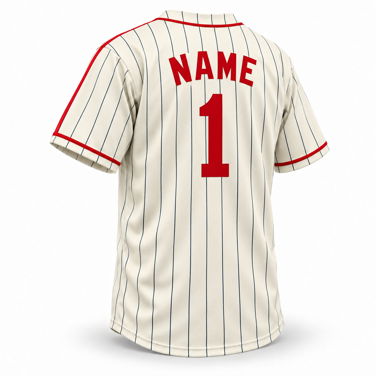 New York Cubans NLB jersey, cream back with navy pinstripes, solid red block NAME and number 1 without outline, red rear collar piping and sleeve trim.