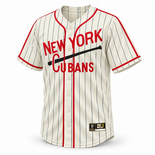 New York Cubans NLB jersey, cream front with navy pinstripes offset from the button row, red NEW YORK CUBANS lettering, straight black bat, red piping and shoulder trim, cream buttons and NLB jock tag.