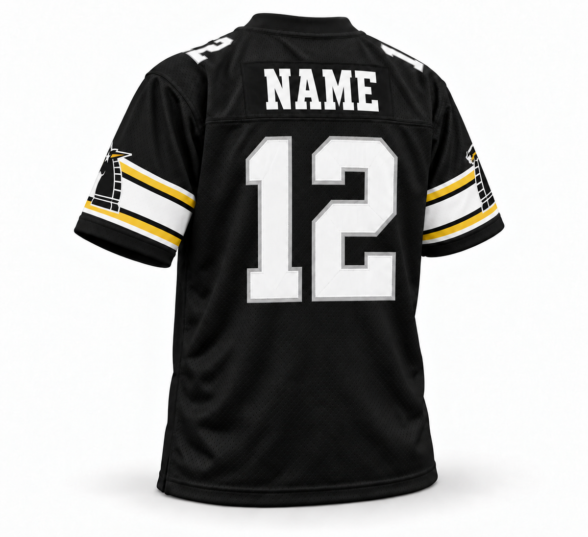New York/New Jersey Knights black WLAF jersey, back, white NAME lettering without outline and number 12 with silver outline.