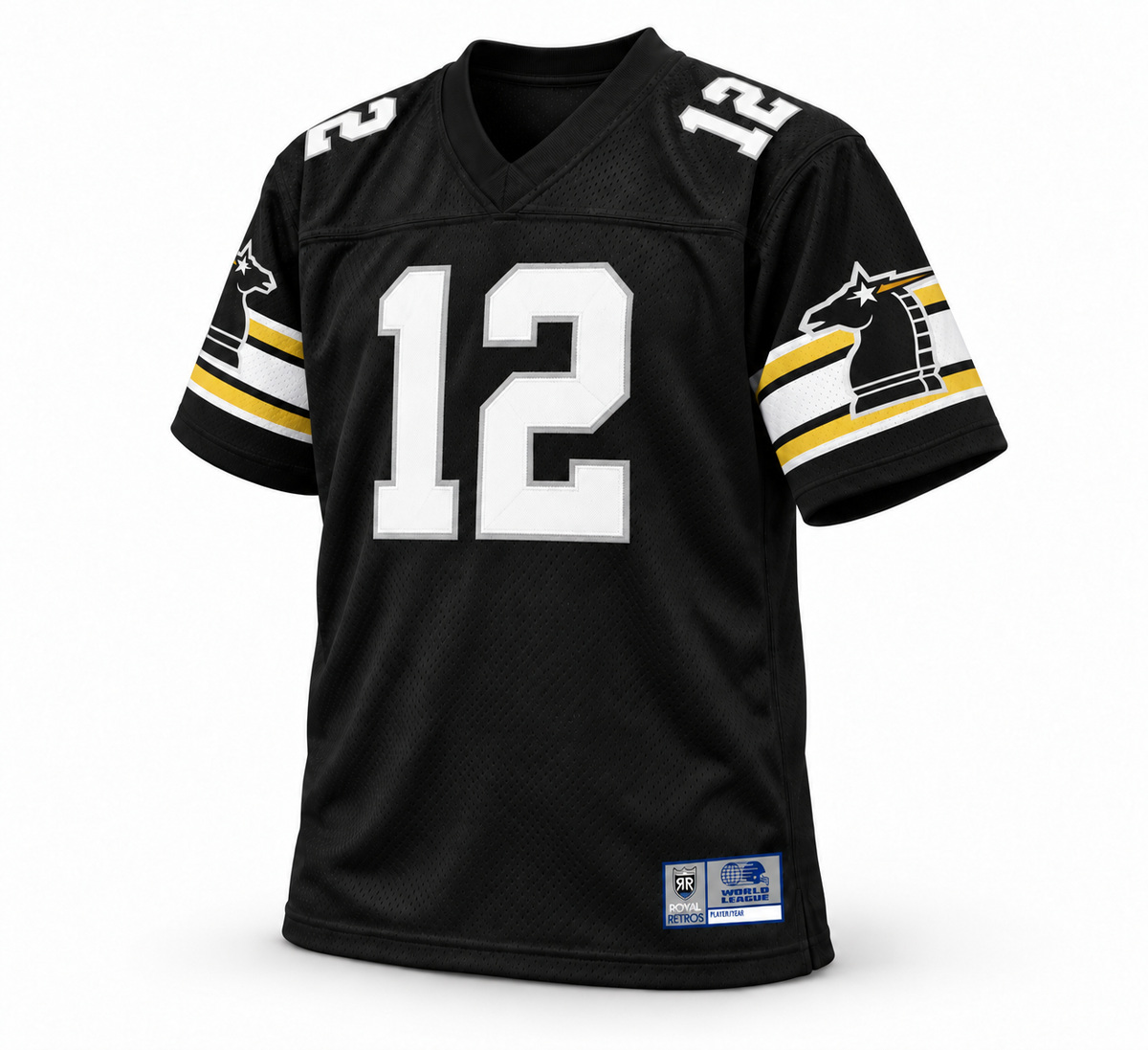 New York/New Jersey Knights black WLAF jersey, front, white number 12 with silver outline, gold sleeve stripes and knight logos.