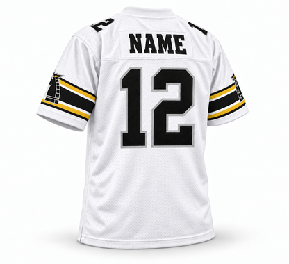 New York/New Jersey Knights white WLAF jersey, back, black NAME lettering without outline and number 12 with silver outline.