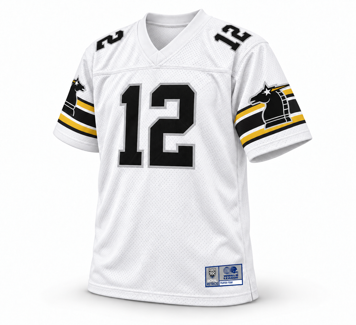 New York/New Jersey Knights white WLAF jersey, front, black number 12 with silver outline, black and gold sleeve stripes and knight logos.