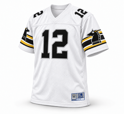 New York/New Jersey Knights white WLAF jersey, front, black number 12 with silver outline, black and gold sleeve stripes and knight logos.