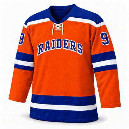 New York Raiders orange jersey front, blue RAIDERS wordmark with white drop shadow, number 9