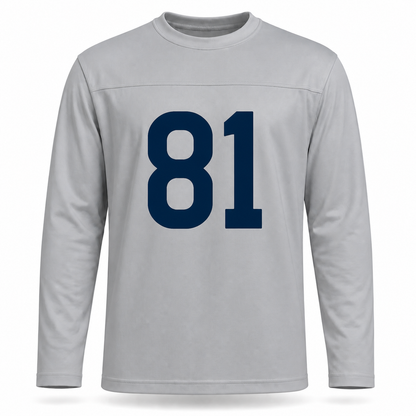 New York Yankees AAFC Football Jersey. Gray long sleeve, no sleeve striping. Navy #81 large on the chest.